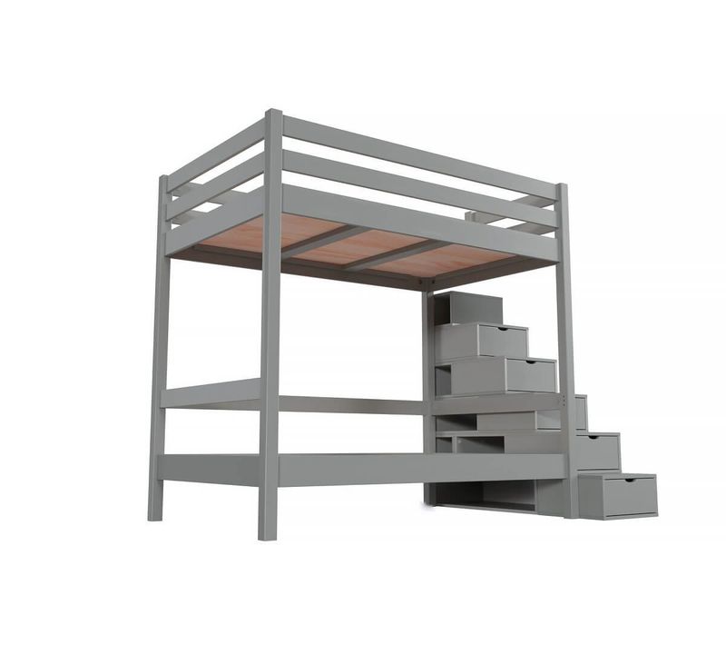 Lit Superposé Double 120x200 Escalier De Rangement Sylvia, Gris