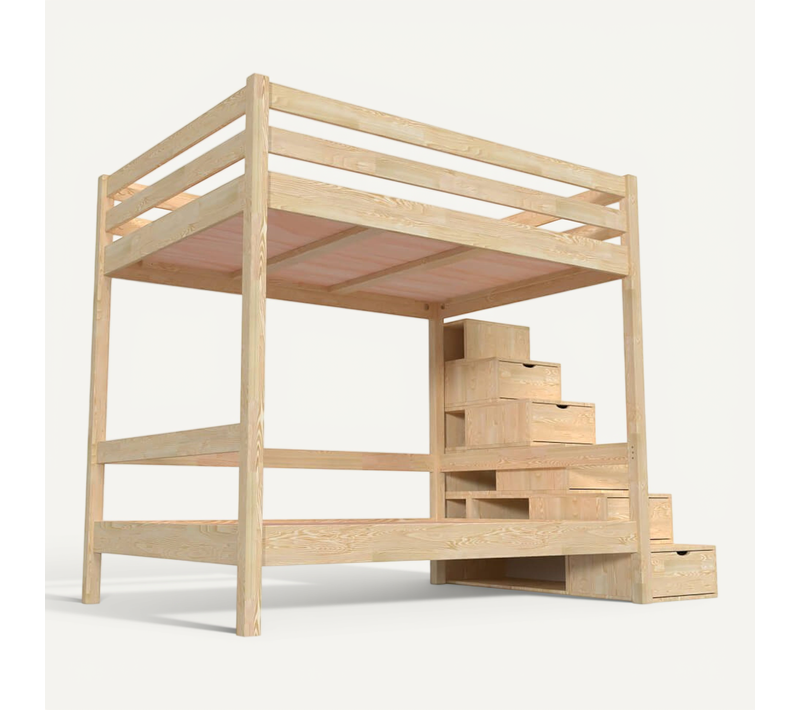 Lit Superposé 140x200 Double + Escalier Rangement Sylvia, Brut (sans Vernis)
