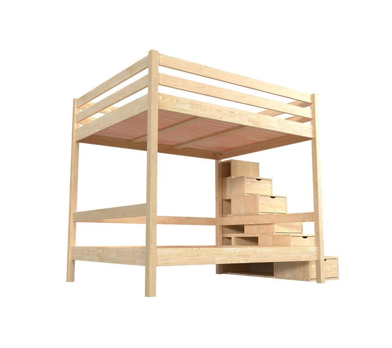 Lit Superposé 160x200 Double Escalier Cube Sylvia, Vernis Naturel