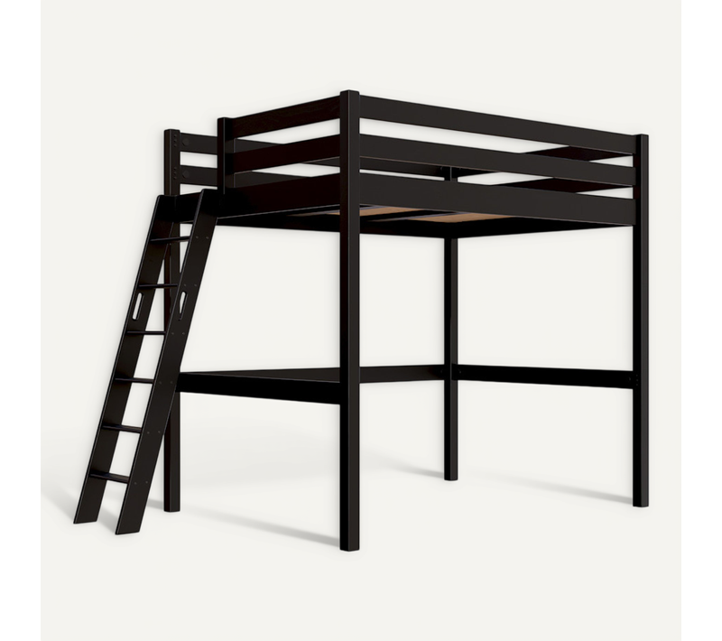 Lit Mezzanine 2 Places Bois Sylvia 140x190 Échelle Inclinée, Noir