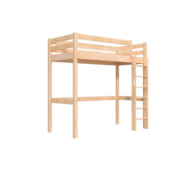 Lit En Hauteur 1 Place Bois Sylvia 90x200 Échelle Droite, Vernis Naturel