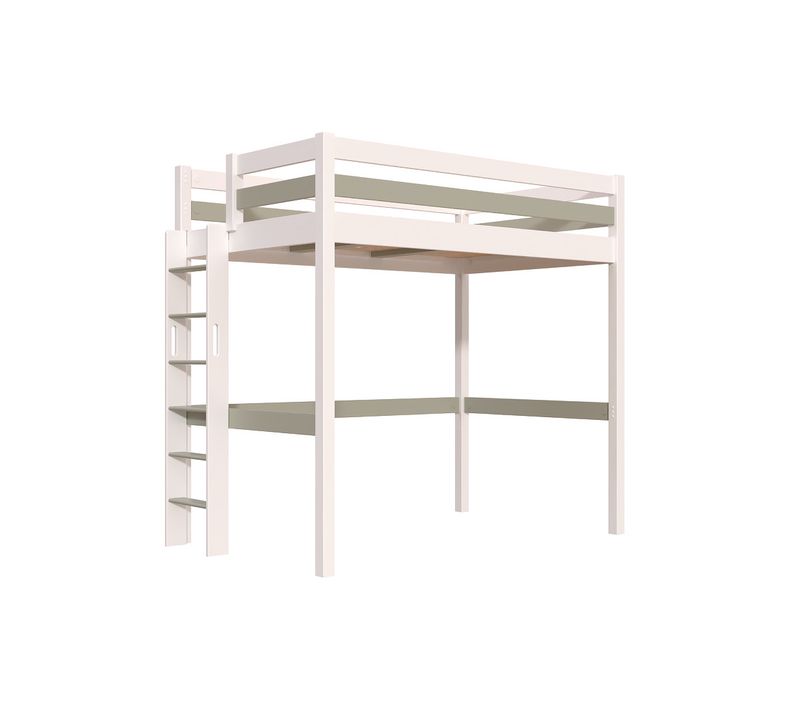 Lit En Hauteur 1 Place Bois Sylvia 120x190 Échelle Droite, Blanc/moka