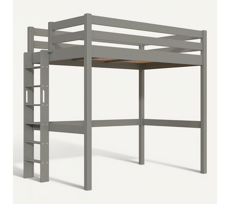 Lit En Hauteur 1 Place Bois Sylvia 120x200 Échelle Droite, Gris