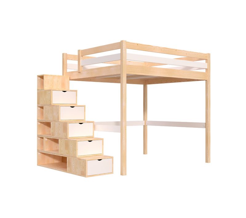 Lit Mezzanine Bois 160x200 Avec Escalier Cube Sylvia, Vernis Naturel/blanc