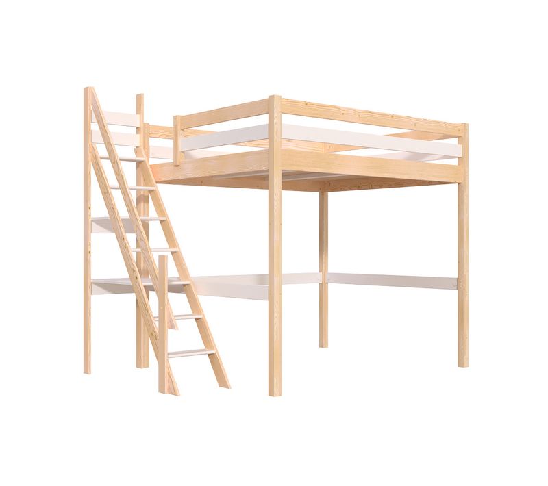 Lit Mezzanine Bois 160x200 Sylvia Avec Escalier De Meunier, Vernis Naturel/blanc