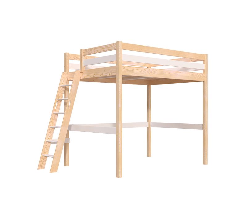 Lit Mezzanine 2 Places Bois Sylvia 140x200 Échelle Inclinée, Vernis Naturel/blanc