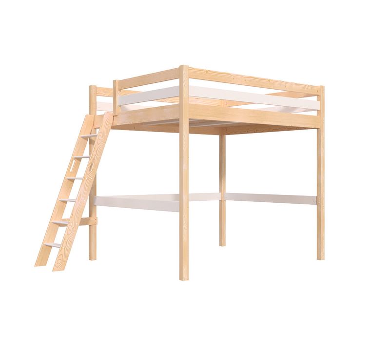 Lit Mezzanine 2 Places Bois Sylvia 160x200 Échelle Inclinée, Vernis Naturel/blanc