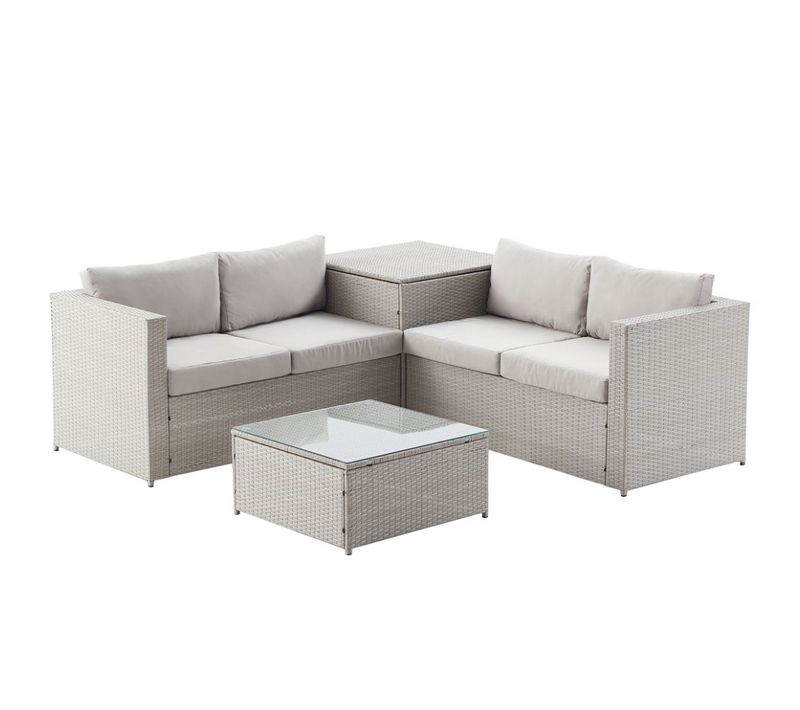 Silang Gris Clair : Salon De Jardin En Résine Tressée 4 Personnes Avec Coffre Intégré