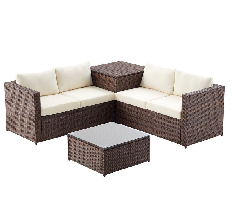 Silang Marron/blanc : Salon De Jardin En Résine Tressée 4 Personnes Avec Coffre Intégré