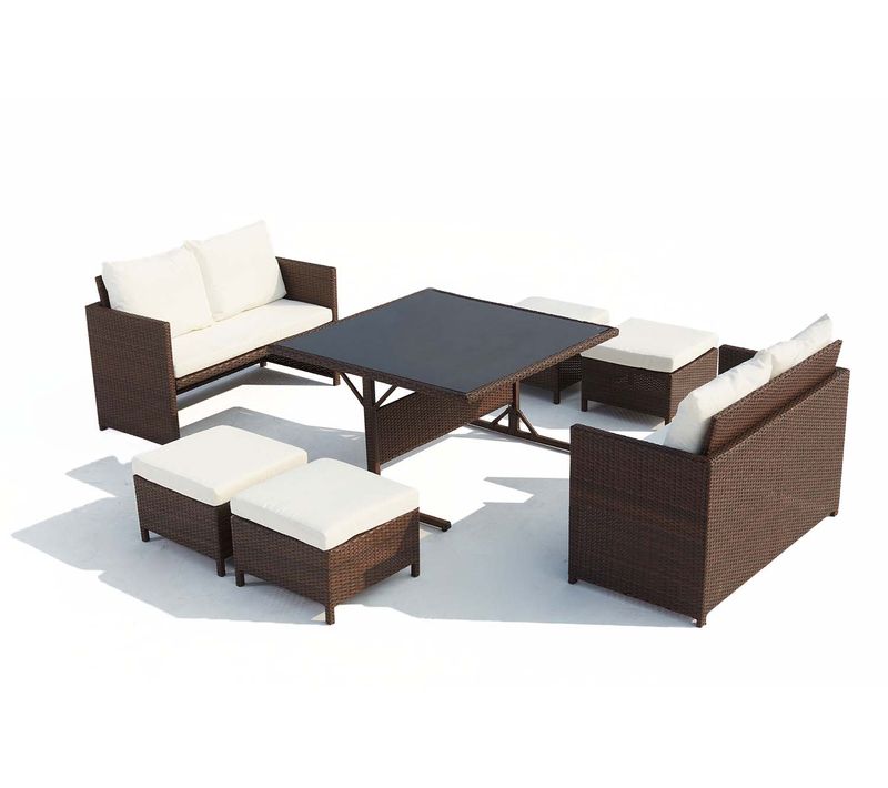 Noumea - Salon De Jardin Encastrable 8 Places Canapés Et Poufs En Résine Tressée Marron Et Blanc