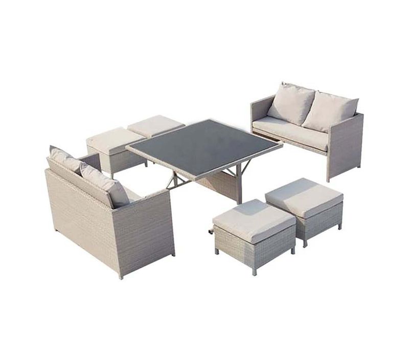 Noumea - Salon De Jardin Encastrable 8 Places Canapés Et Poufs En Résine Tressée Gris Clair