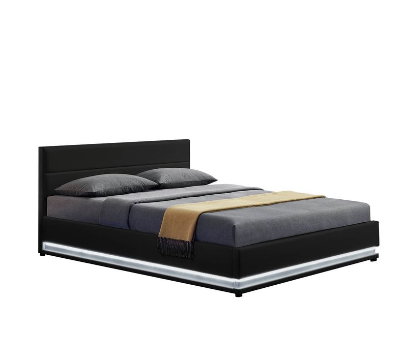 Lit New York - Structure De Lit En Pu Noir Avec Rangements Et LED Intégrées - 140x190 Cm