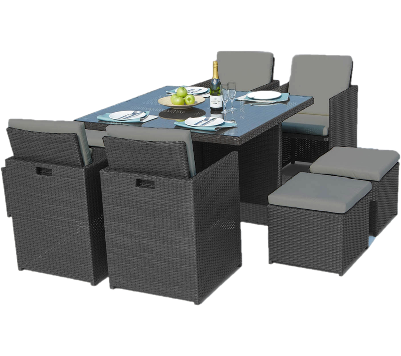 Monaco 8 - Salon De Jardin Encastrable 8 Places Fauteuils Et Poufs En Résine Tressée Noir Et Gris