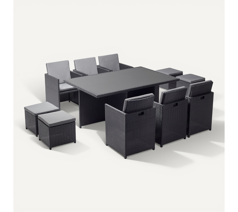 Monaco 10 - Salon De Jardin Encastrable 10 Places Fauteuils Et Poufs En Résine Tressée Noir Et Gris