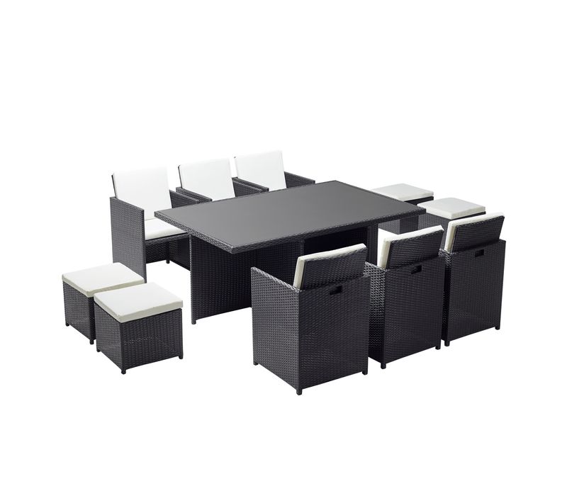 Monaco 10 - Salon De Jardin Encastrable 10 Places Fauteuils Et Poufs En Résine Tressée Noir Et Blanc