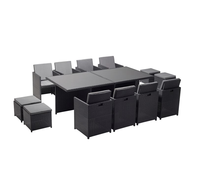 Monaco 12 - Salon De Jardin Encastrable 12 Places Fauteuils Et Poufs En Résine Tressée Noir Et Gris