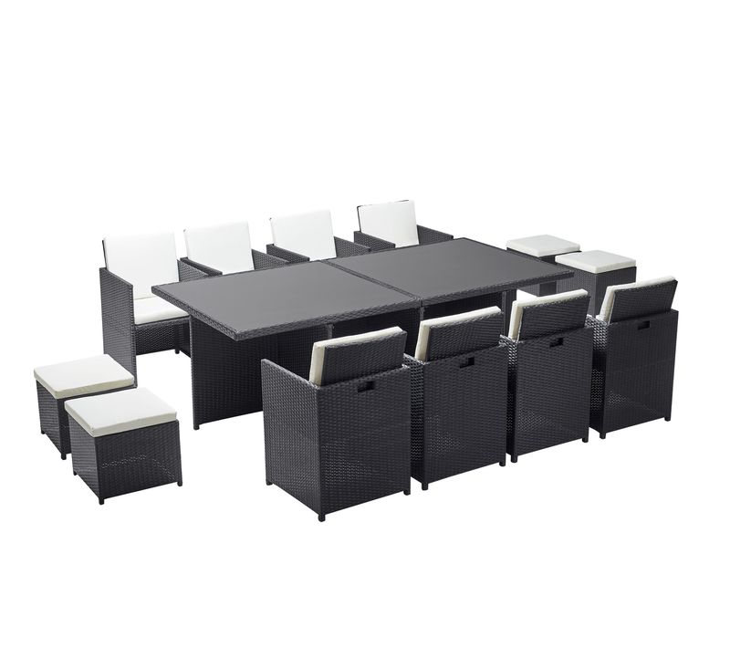 Monaco 12 - Salon De Jardin Encastrable 12 Places Fauteuils Et Poufs En Résine Tressée Noir Et Blanc