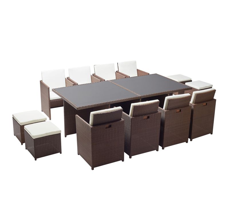 Monaco - Table Et Chaises 12 Places Encastrables Résine Marron-blanc