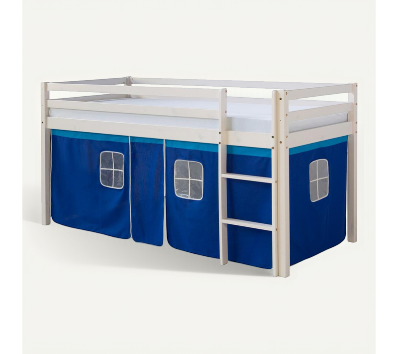 Lit Simple Blanc 90x200 En Hauteur Avec Echelle Et Rideau Bleu