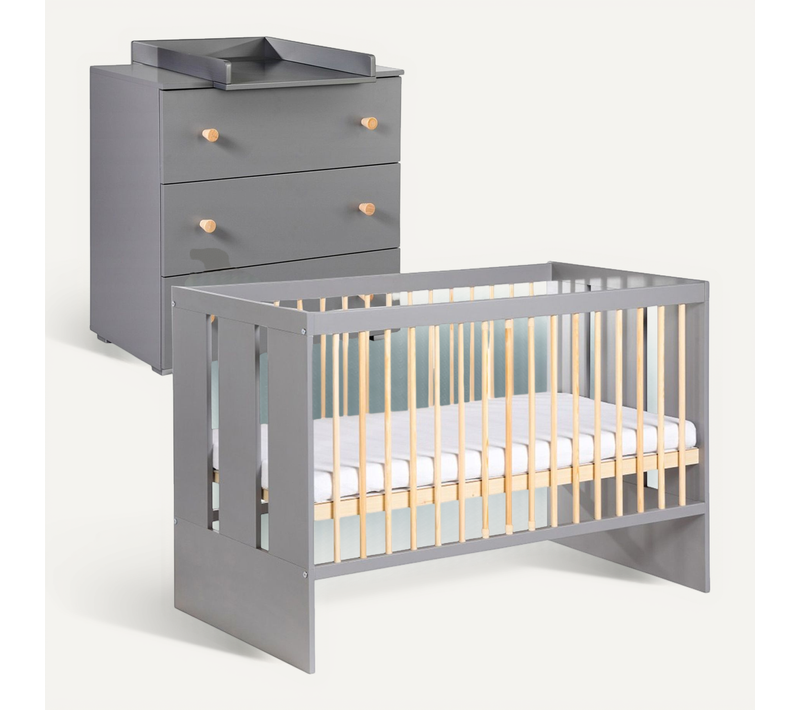 Pauline Ensemble Bébé Lit évolutif, Commode À Langer Gris / Bois 120x60 Cm