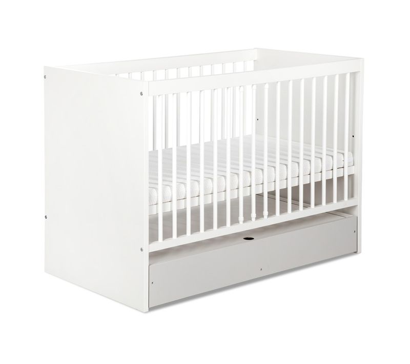Dalia Lit Bébé Enfant Avec Barreaux Amovibles Et Sommier Réglable Blanc 120x60 + Tiroir
