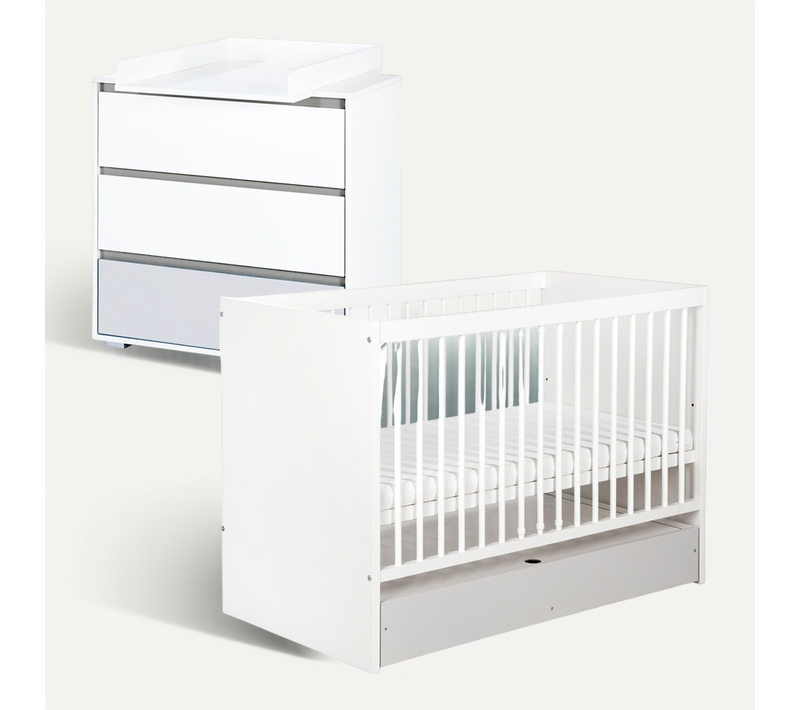 Dalia Ensemble Commode À Langer + Lit Bébé évolutif Blanc 120x60 + Tiroir