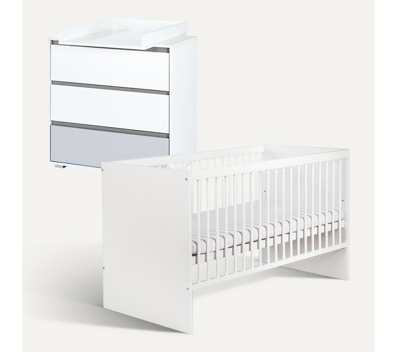 Dalia Ensemble Commode à Langer + Lit Bébé évolutif Blanc 120x60