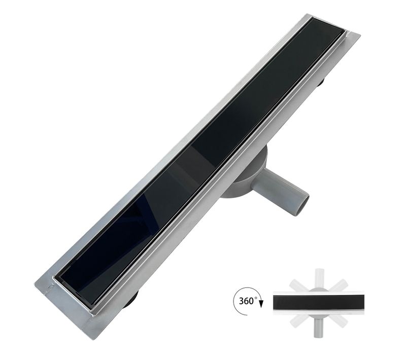 Caniveau Douche Verre Noir L.80 Cm, Siphon 360° Inox, Stop-odeur, Drainage Performant -duka