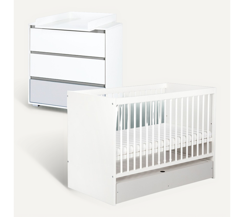 Dalia Ensemble Bébé Lit Convertible Commode À Langer 140x70 + Tiroir Blanc