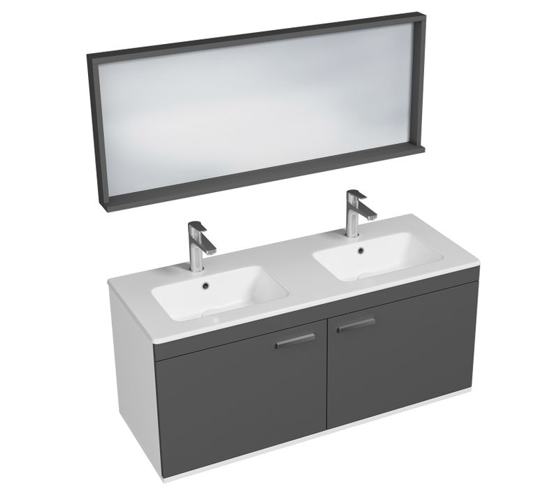 Meuble Double Vasque Encastrée 120 Cm + Miroir Cadre 2 Portes Gris Anthracite Salle De Bain Rubite