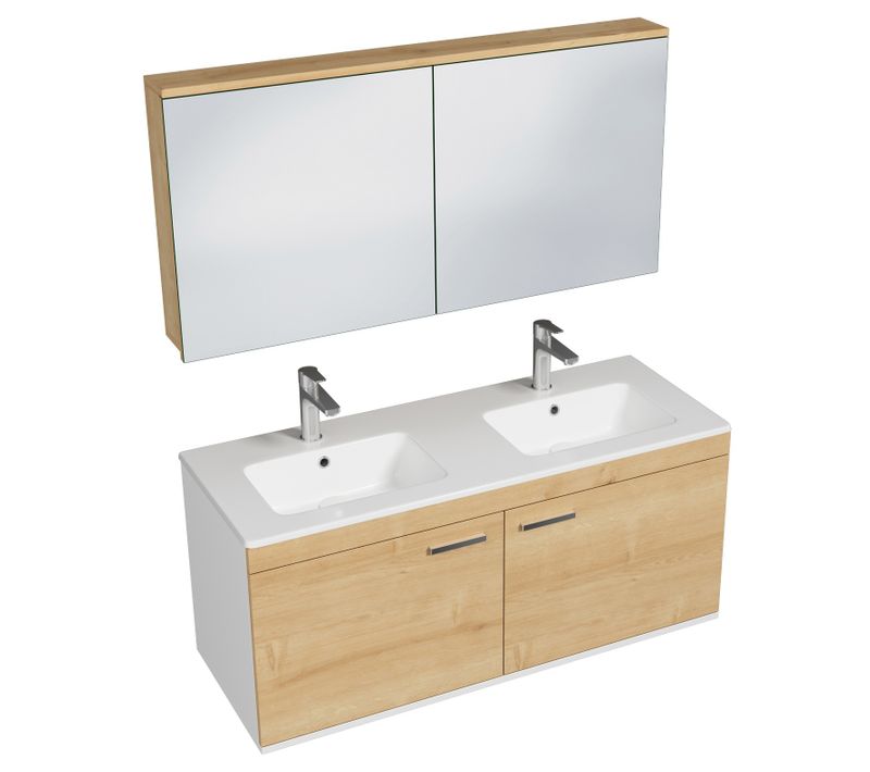 Meuble Double Vasque Encastrée 120 Cm + Miroir Armoire 2 Portes Chêne Clair Salle De Bain Rubite