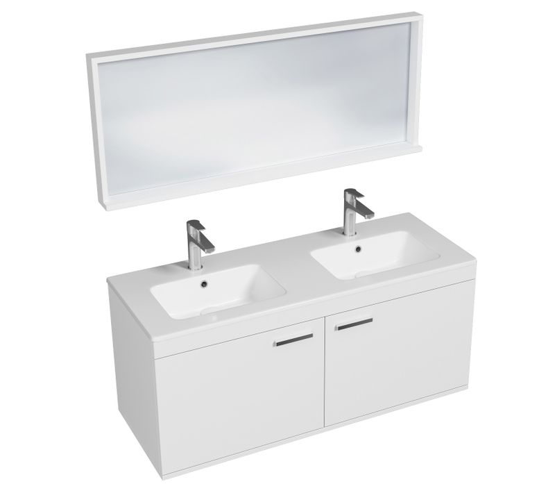 Meuble Double Vasque Encastrée 120 Cm + Miroir Cadre 2 Portes Blanc Salle De Bain - Rubite