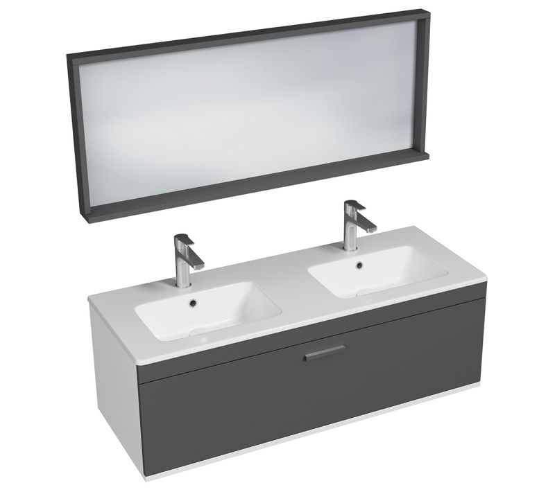 Meuble Double Vasque Encastrée 120 Cm + Miroir Cadre 1 Tiroir Gris Anthracite Salle De Bain Rubite