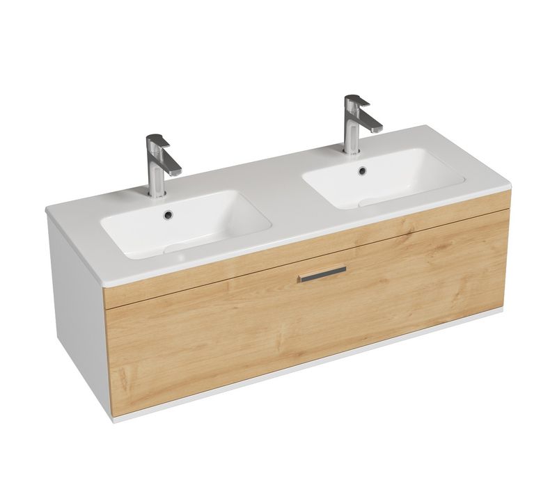 Meuble Double Vasque Encastrée 120 Cm 1 Tiroir Chêne Clair Salle De Bain - Rubite