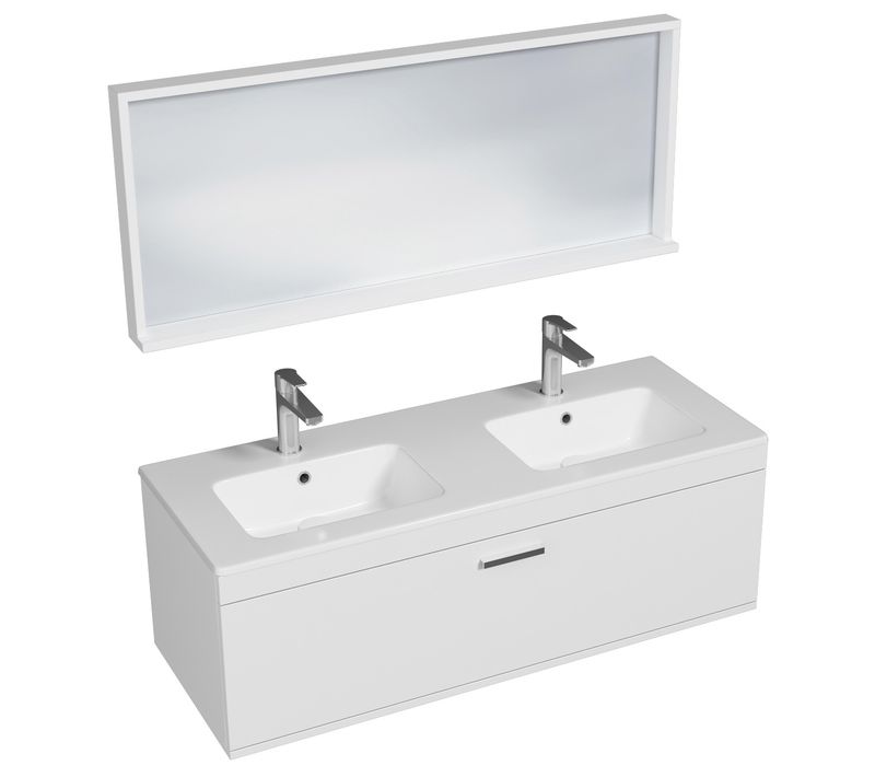 Meuble Double Vasque Encastrée 120 Cm + Miroir Cadre 1 Tiroir Blanc Salle De Bain - Rubite
