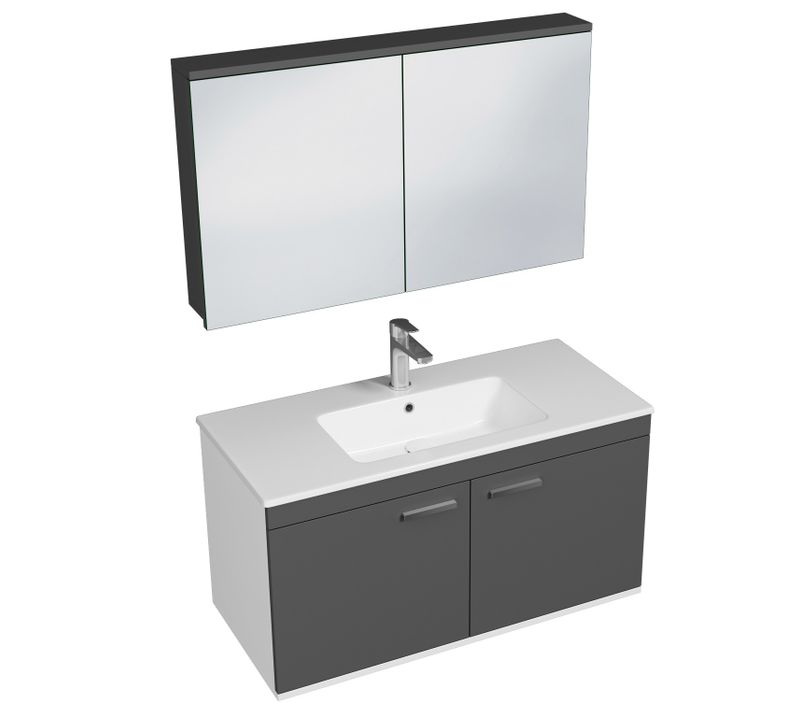 Meuble 1 Vasque Encastrée 100 Cm + Miroir Armoire 2 Portes Gris Anthracite Salle De Bain - Rubite