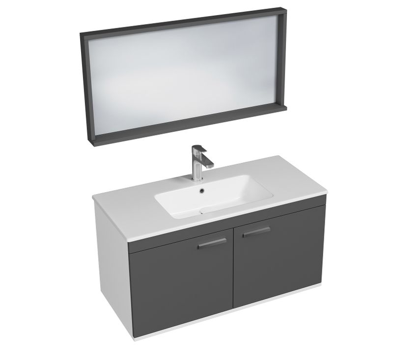 Meuble 1 Vasque Encastrée 100 Cm + Miroir Cadre 2 Portes Gris Anthracite Salle De Bain - Rubite
