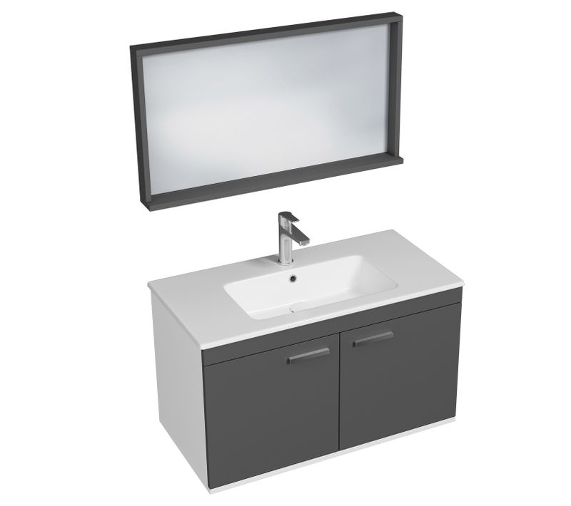 Meuble 1 Vasque Encastrée 90 Cm + Miroir Cadre 2 Portes Gris Anthracite Salle De Bain - Rubite
