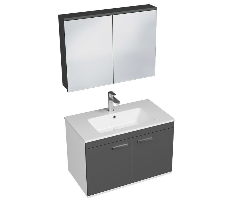 Meuble 1 Vasque Encastrée 80 Cm + Miroir Armoire 2 Portes Gris Anthracite Salle De Bain - Rubite