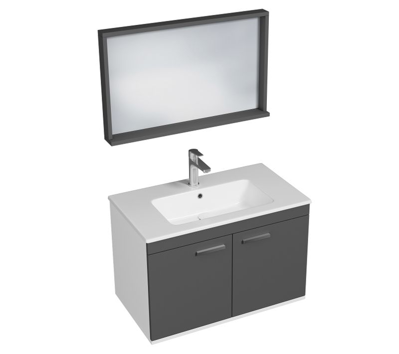 Meuble 1 Vasque Encastrée 80 Cm + Miroir Cadre 2 Portes Gris Anthracite Salle De Bain - Rubite