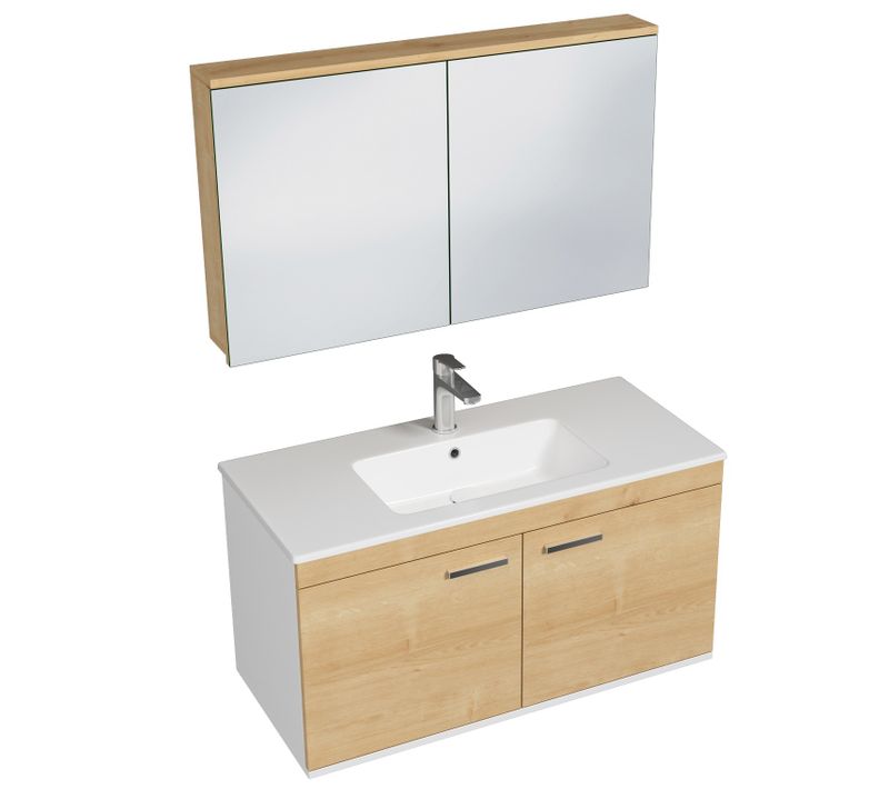 Meuble 1 Vasque Encastrée 100 Cm + Miroir Armoire 2 Portes Chêne Clair Salle De Bain - Rubite
