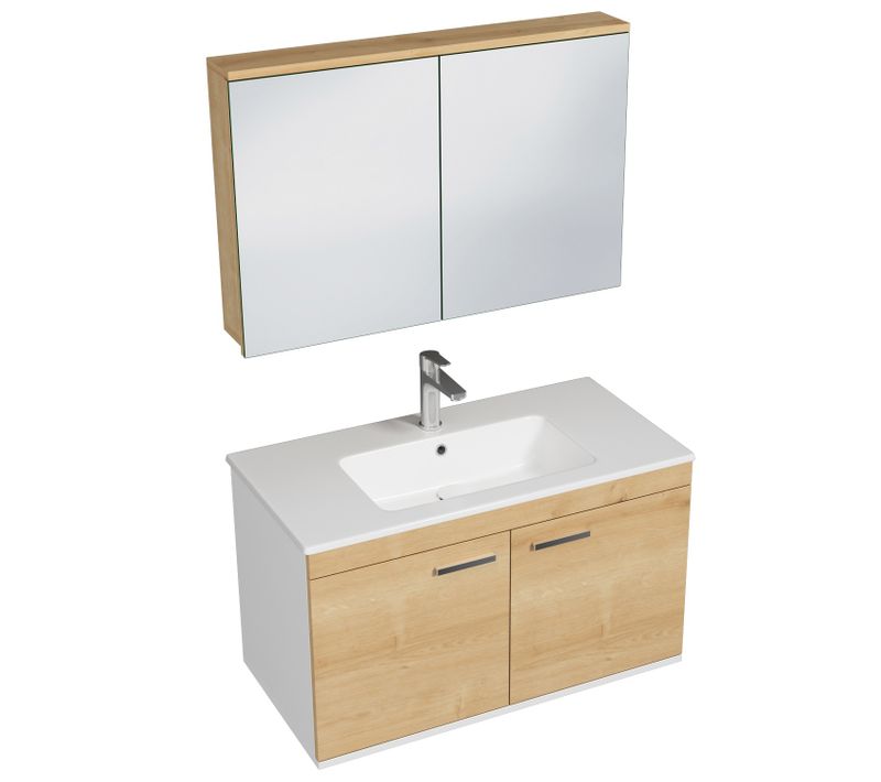 Meuble 1 Vasque Encastrée 90 Cm + Miroir Armoire 2 Portes Chêne Clair Salle De Bain - Rubite