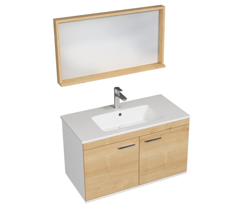 Meuble 1 Vasque Encastrée 90 Cm + Miroir Cadre 2 Portes Chêne Clair Salle De Bain - Rubite
