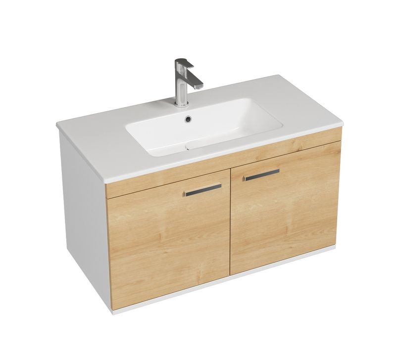 Meuble 1 Vasque Encastrée 90 Cm 2 Portes Chêne Clair Salle De Bain - Rubite