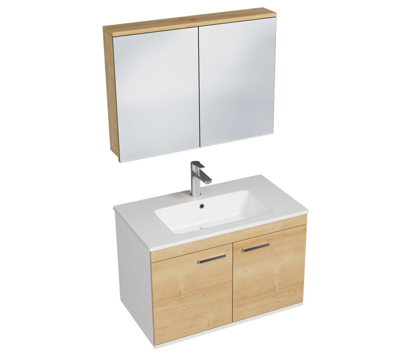Meuble 1 Vasque Encastrée 80 Cm + Miroir Armoire 2 Portes Chêne Clair Salle De Bain - Rubite