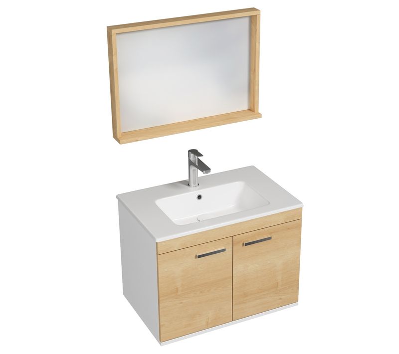 Meuble 1 Vasque Encastrée 70 Cm + Miroir Cadre 2 Portes Chêne Clair Salle De Bain - Rubite
