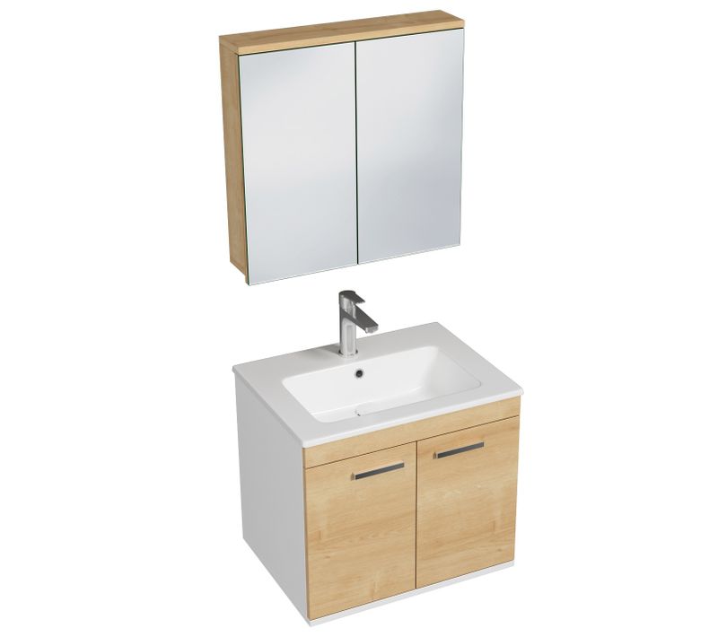 Meuble 1 Vasque Encastrée 60 Cm + Miroir Armoire 2 Portes Chêne Clair Salle De Bain - Rubite