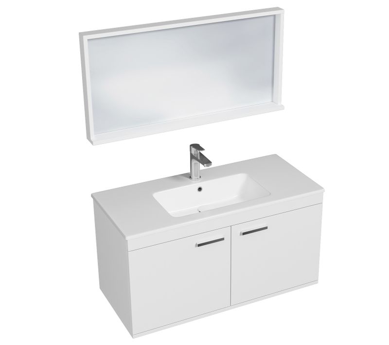 Meuble 1 Vasque Encastrée 100 Cm + Miroir Cadre 2 Portes Blanc Salle De Bain - Rubite