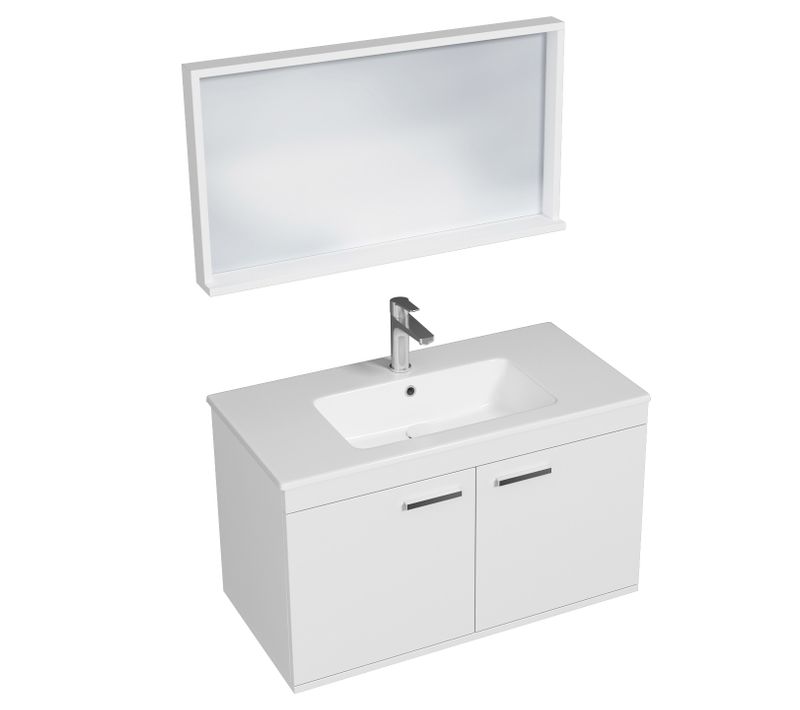 Meuble 1 Vasque Encastrée 90 Cm + Miroir Cadre 2 Portes Blanc Salle De Bain - Rubite
