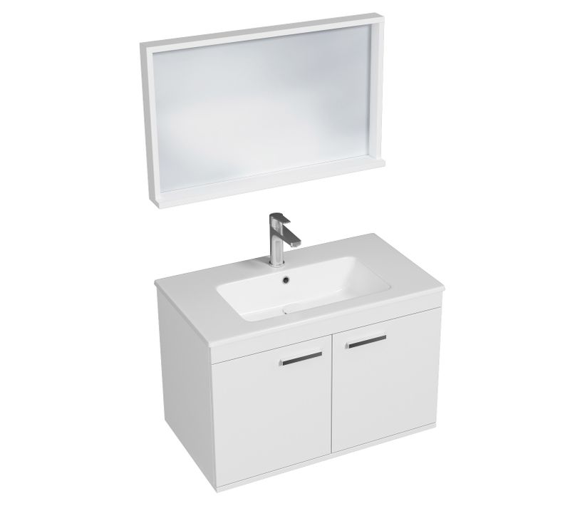 Meuble 1 Vasque Encastrée 80 Cm + Miroir Cadre 2 Portes Blanc Salle De Bain - Rubite